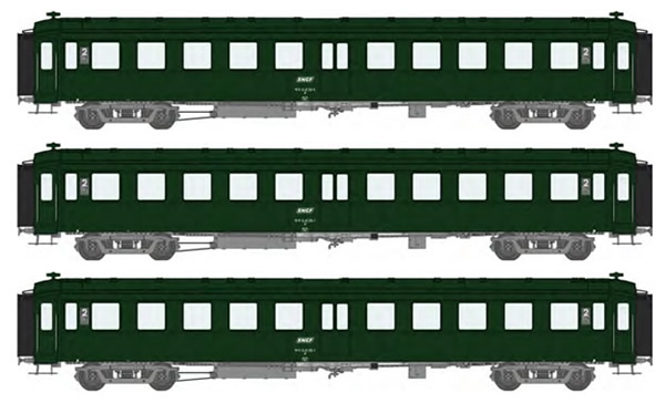 REE Modeles VB-238 - French SNCF Coach Set of three Bacalan Cars B11 Grey frame, green roof, white logo, Era IV SNCF